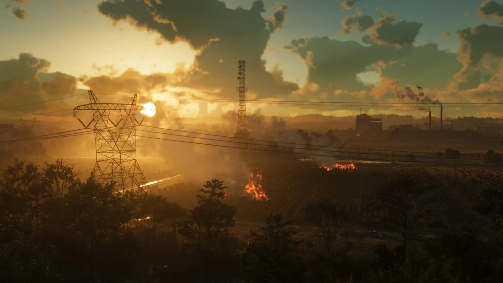 Закат над Амброзией: ЛЭП, дым и огонь в поле — GTA 6