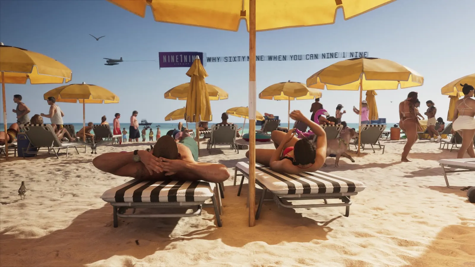 Пляж под зонтиками — GTA 6, Пляж, жёлтые зонтики и шезлонги