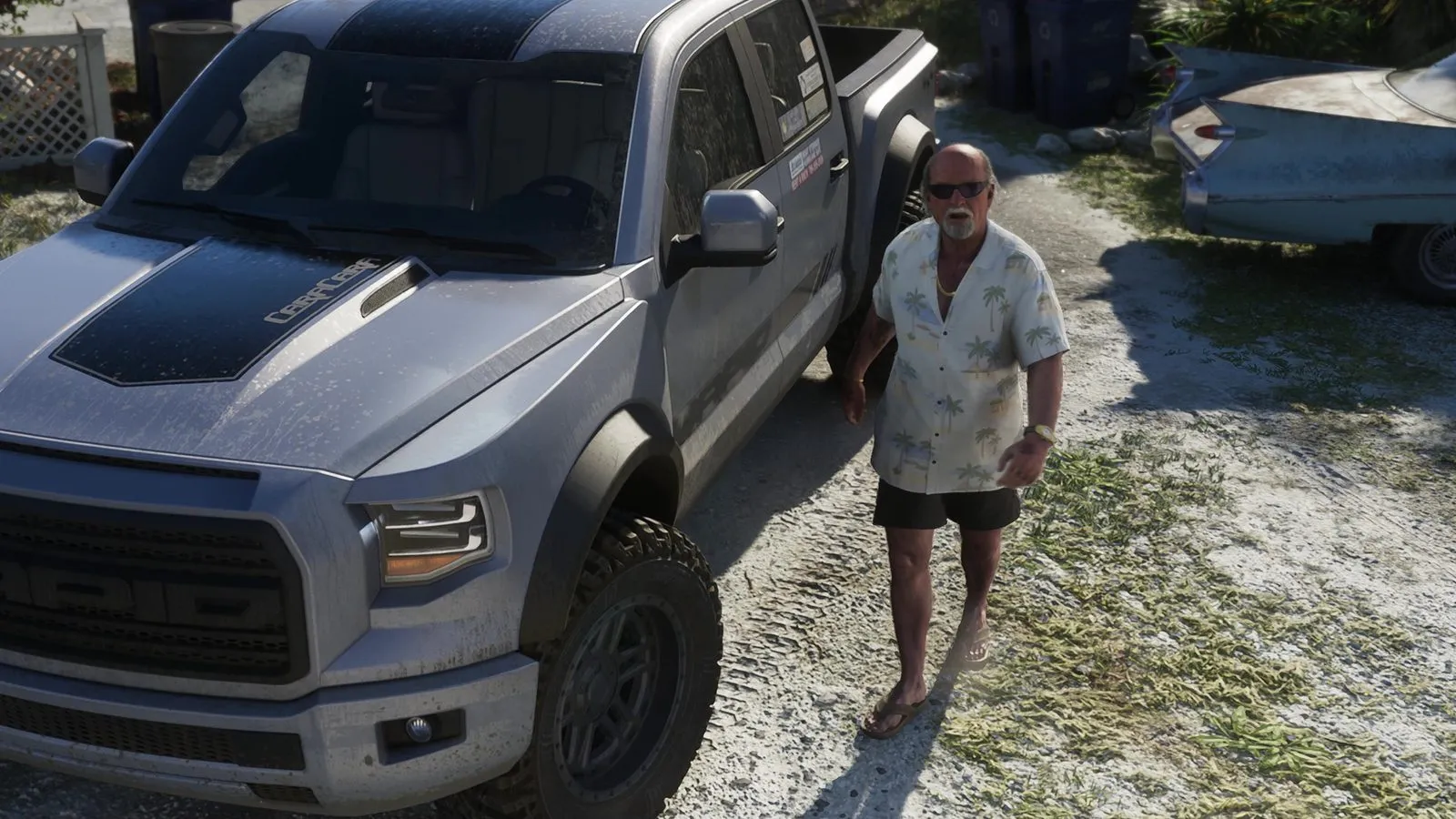 Брайан у серого пикапа: буквы VAPID на решётке, CARACARA на капоте — GTA 6