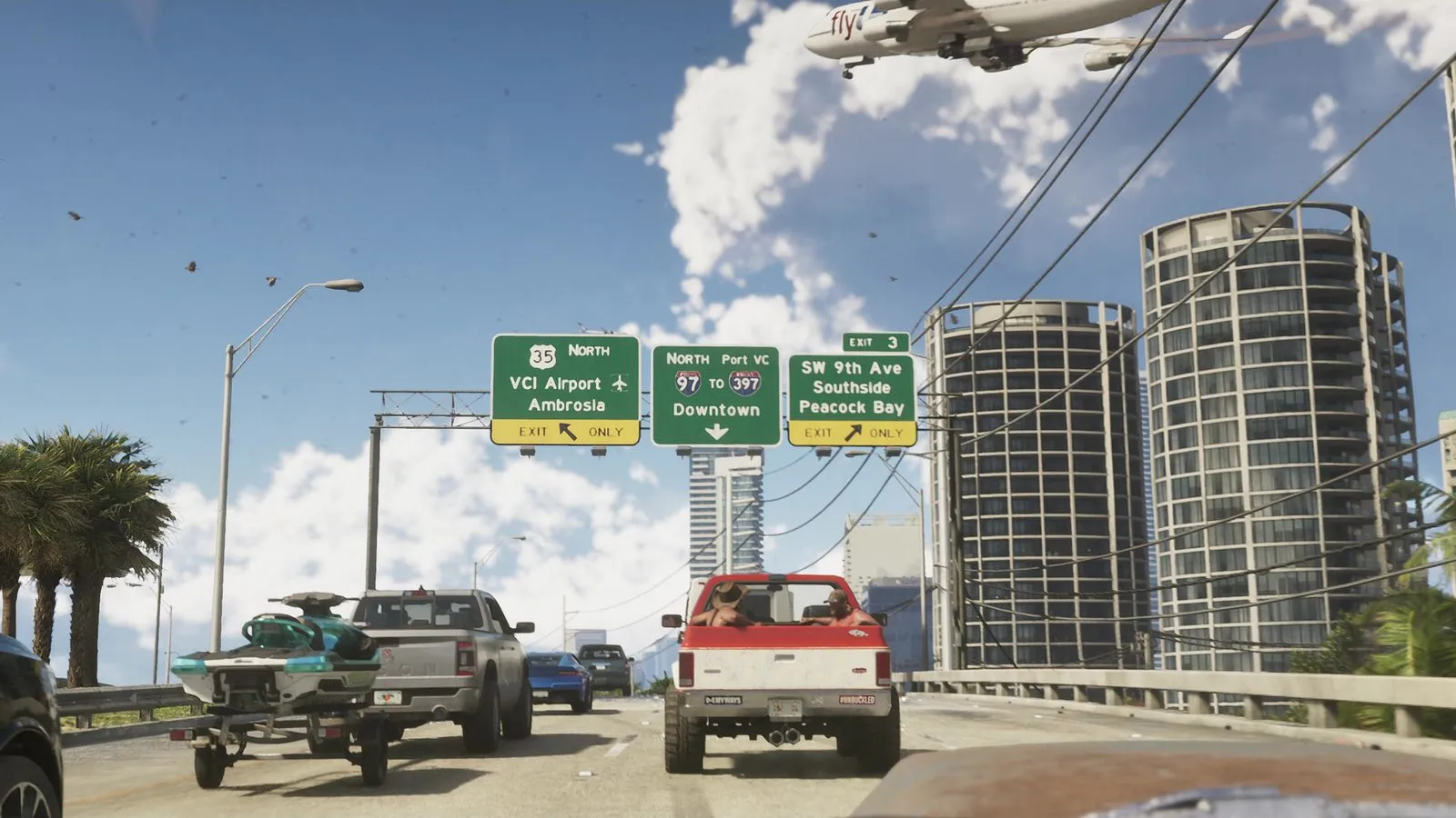 Та же развязка: указатели, высотки и самолёт над трассой — GTA 6